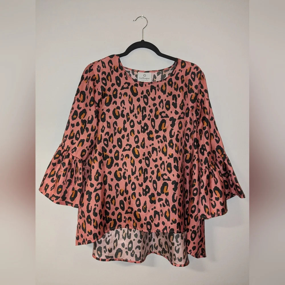 Laroque Original OS Pink 100% Silk Bold Leopard Bell Sleeve Blouse